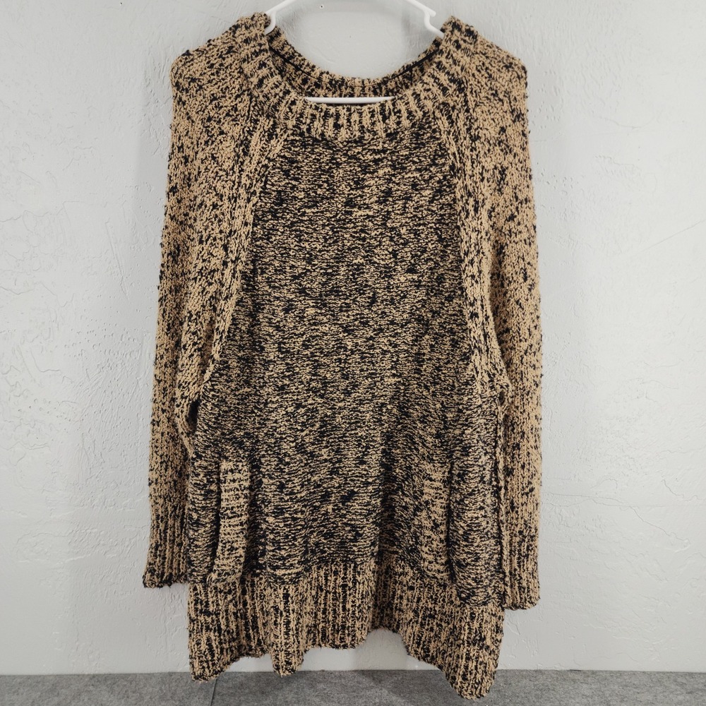 Free People Tan Black Marled Knit Oversized Raglan Pullover Sweater Womens Small